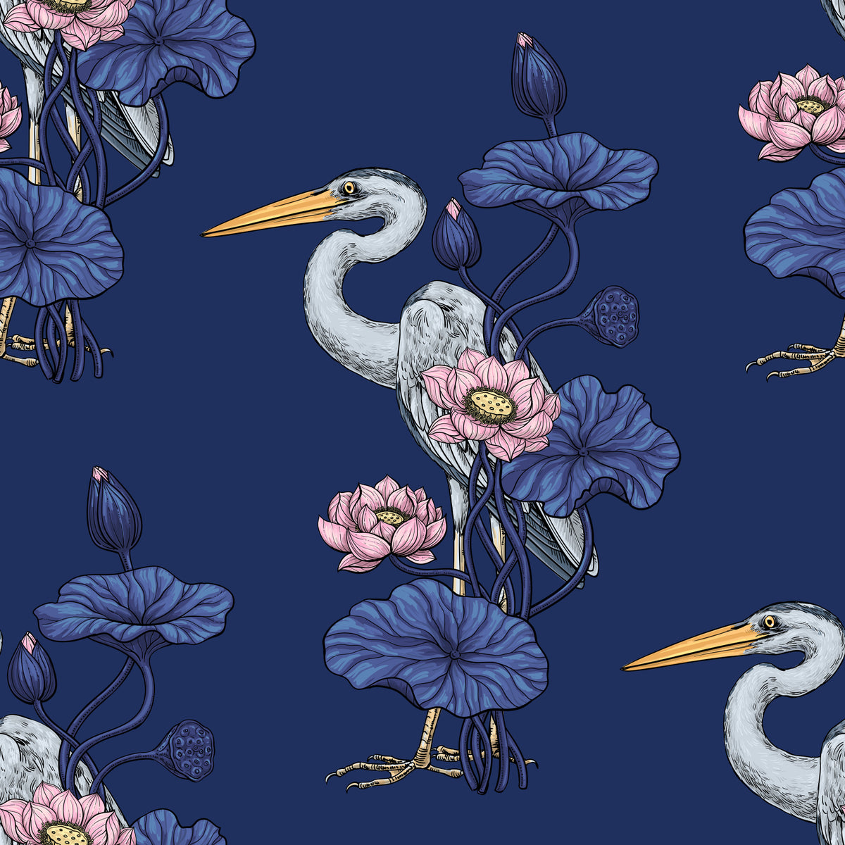 Heron in the Pink Lotus Garden on delpht blue Wallpaper⁠ in your room