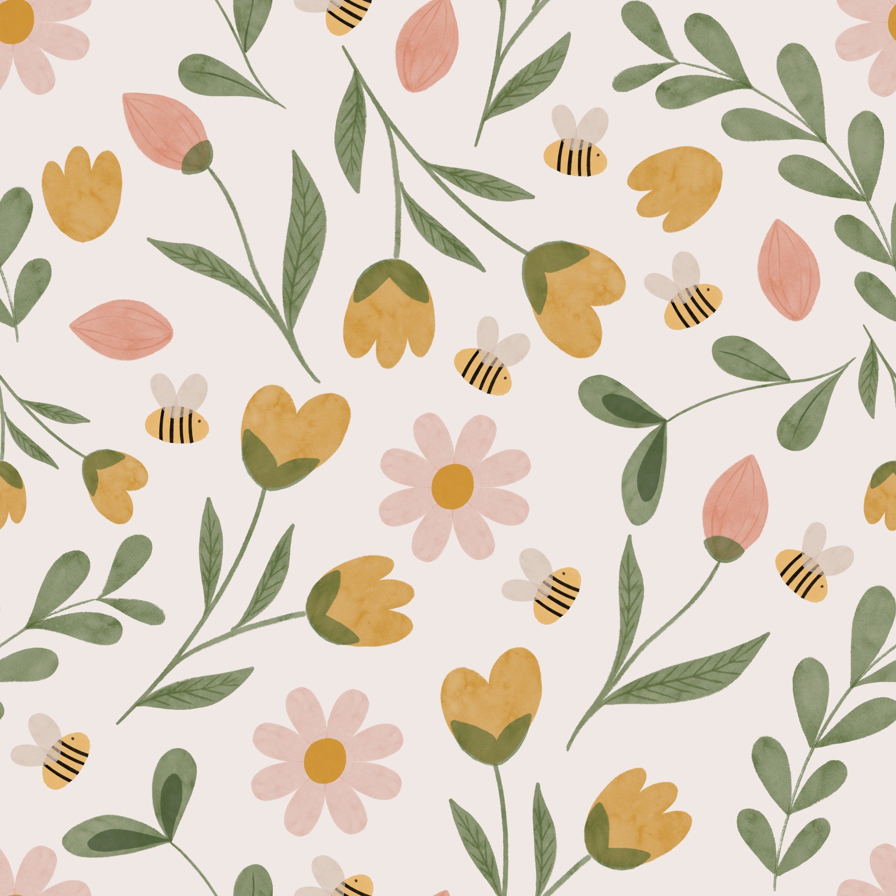 Whimsical Honeybee Meadow Pattern Wallpaper⁠