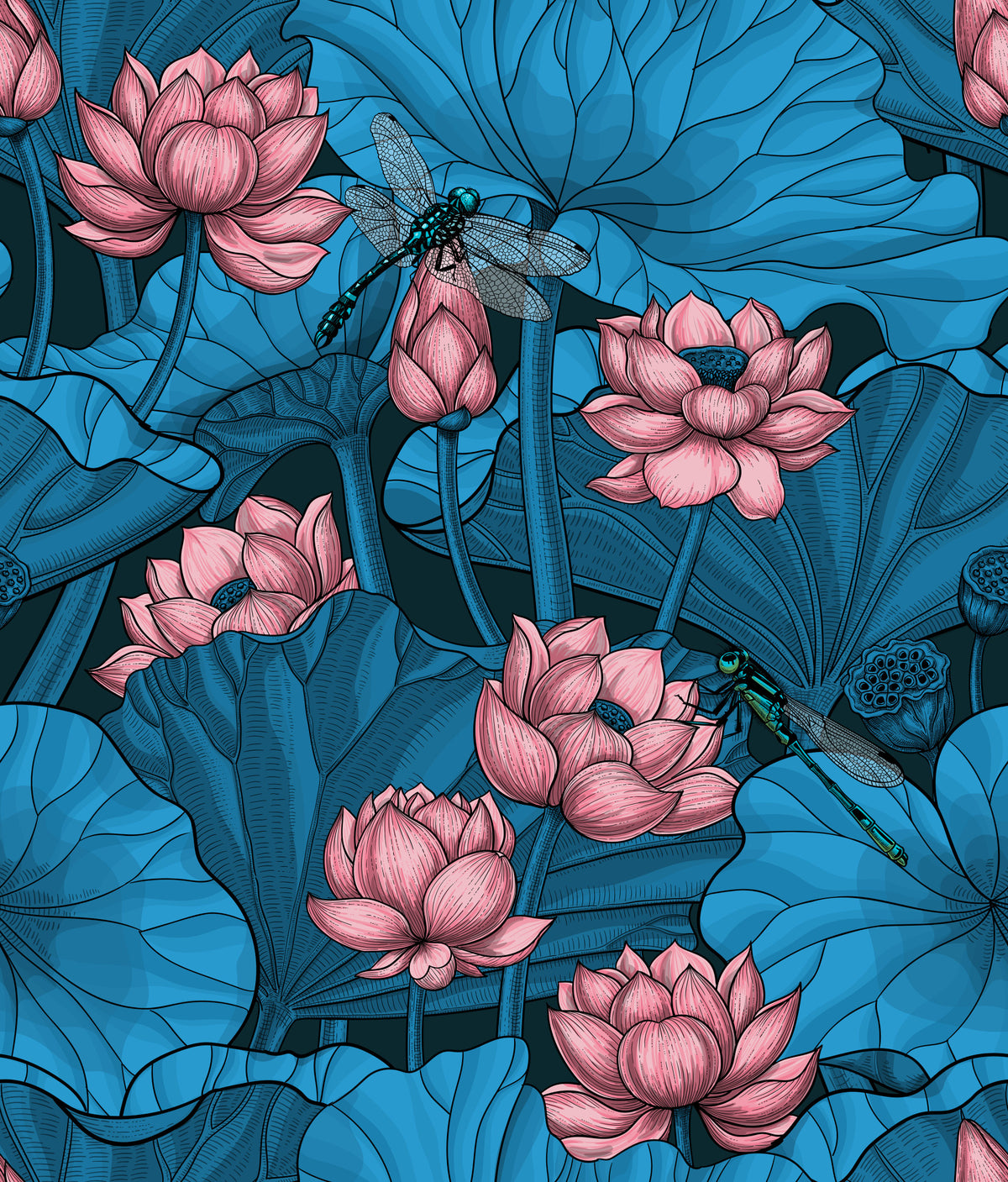 Zen Lotus Pond with Dragonflies in pink and blue Wallpaper⁠ in your room — zoomed