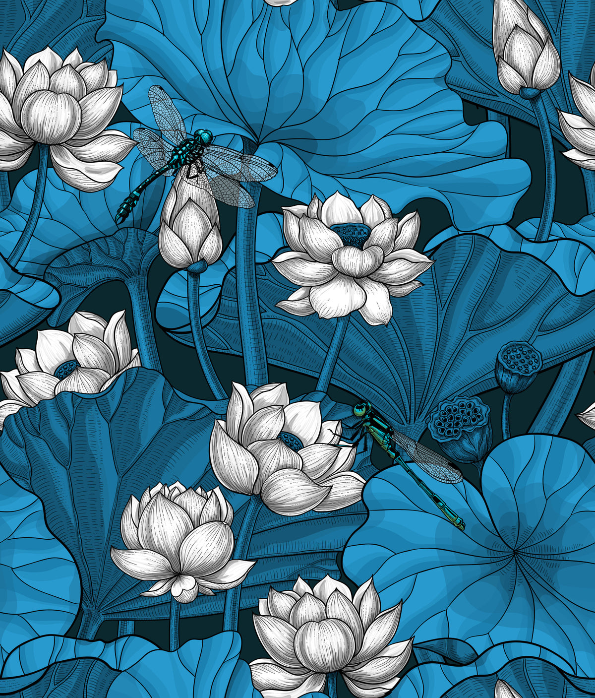 Zen Lotus Pond with Dragonflies in white and blue Wallpaper⁠ in your room — zoomed