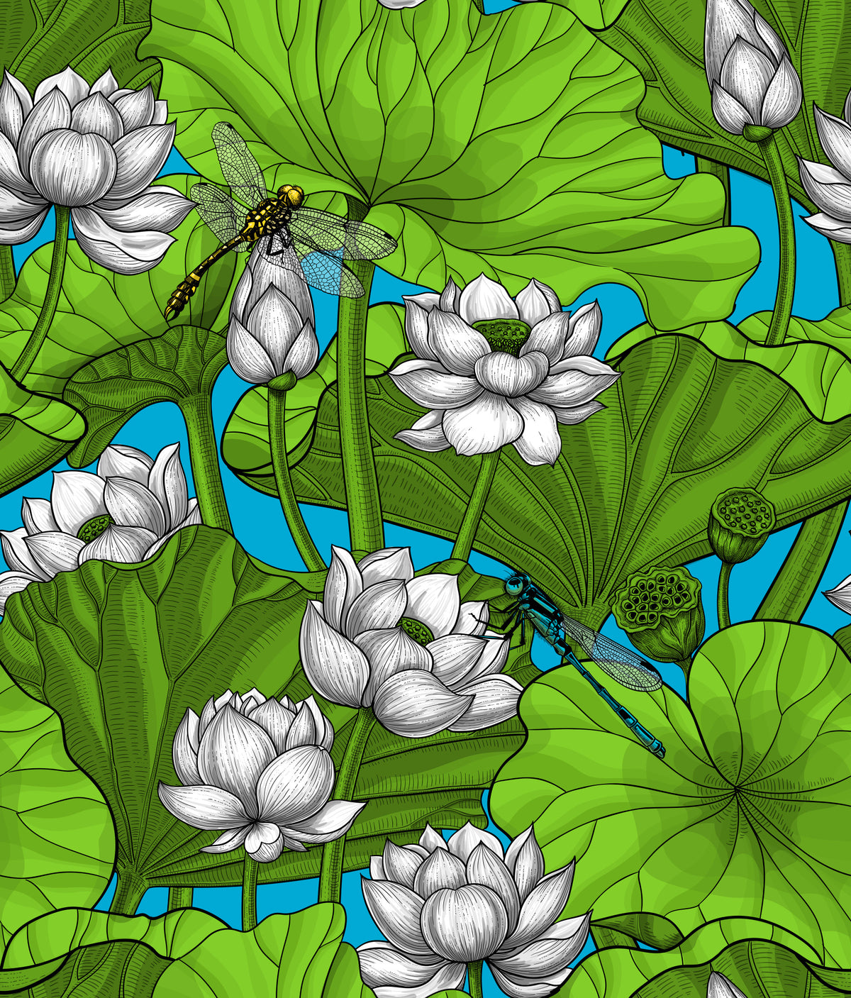Zen Lotus Pond with Dragonflies in white and green Wallpaper⁠ in your room