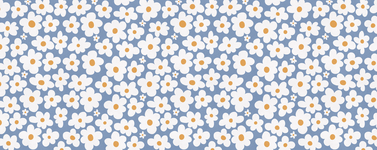 Retro Daisy Bloom Blue Wall Mural in your room — zoomed