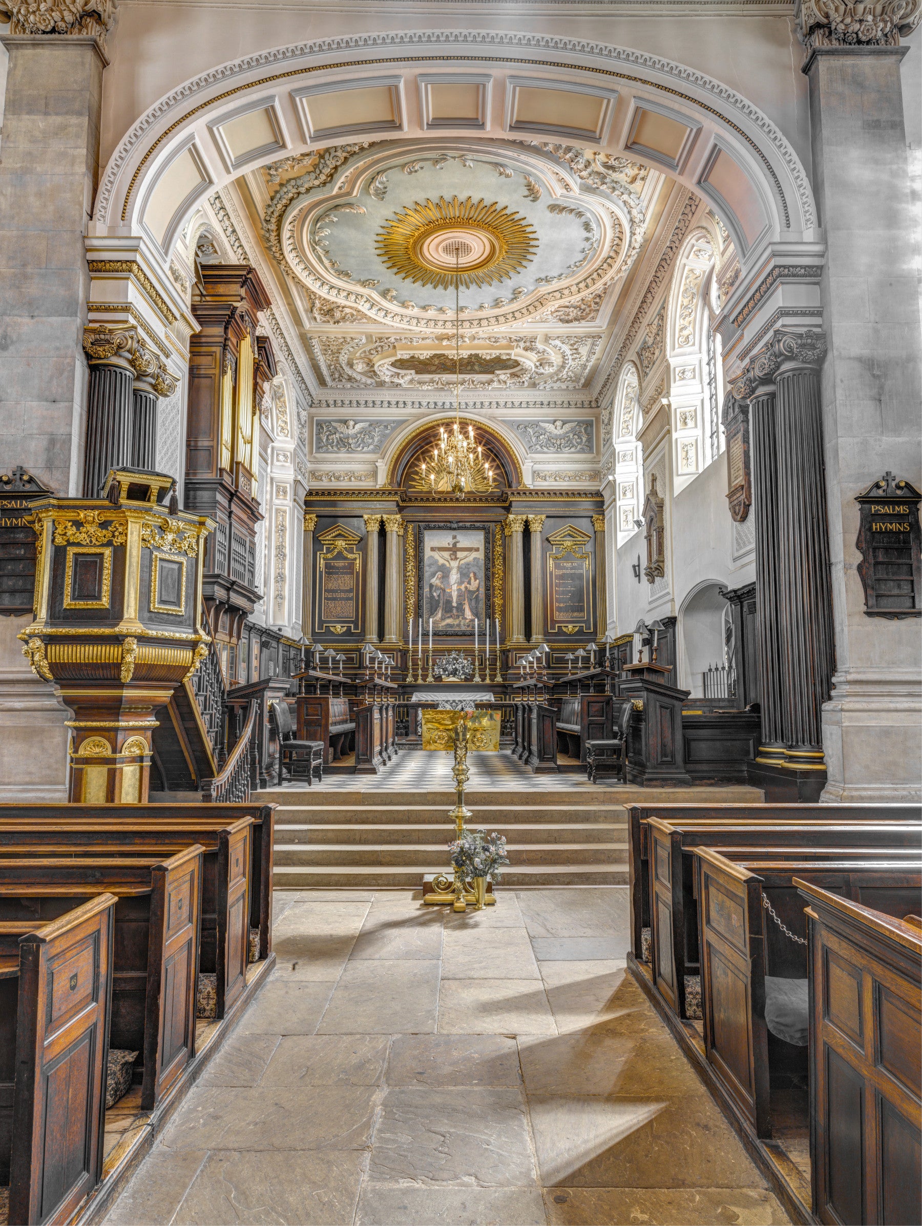 Stained Wood and Gilded Church Interior Wall Mural