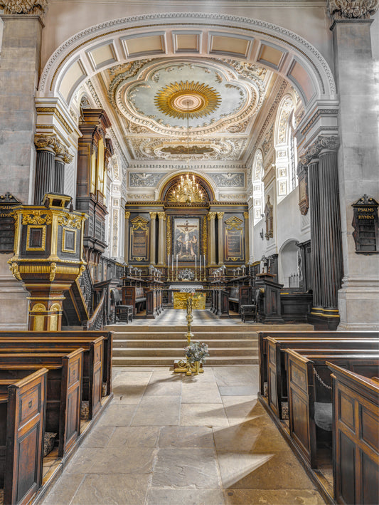 Stained Wood and Gilded Church Interior Wall Mural