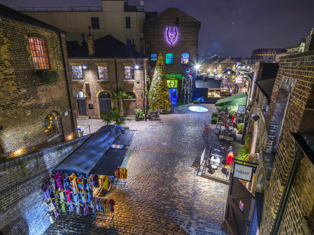 London Nighttime Cobblestone Market Square Wall Mural in your room — zoomed