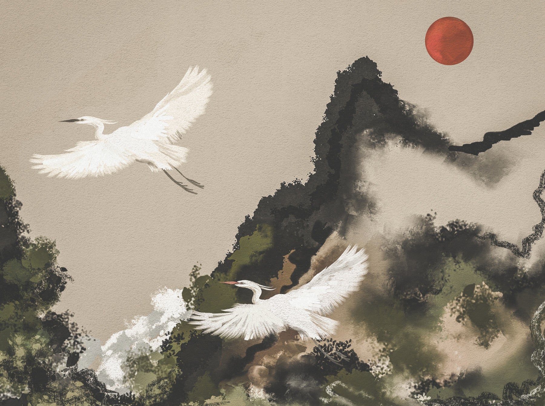Zen Heron Mountain Landscape Wall Mural