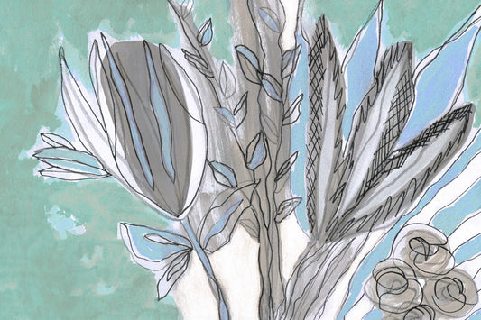 Abstract Teal Botanical Sketch Wall Mural