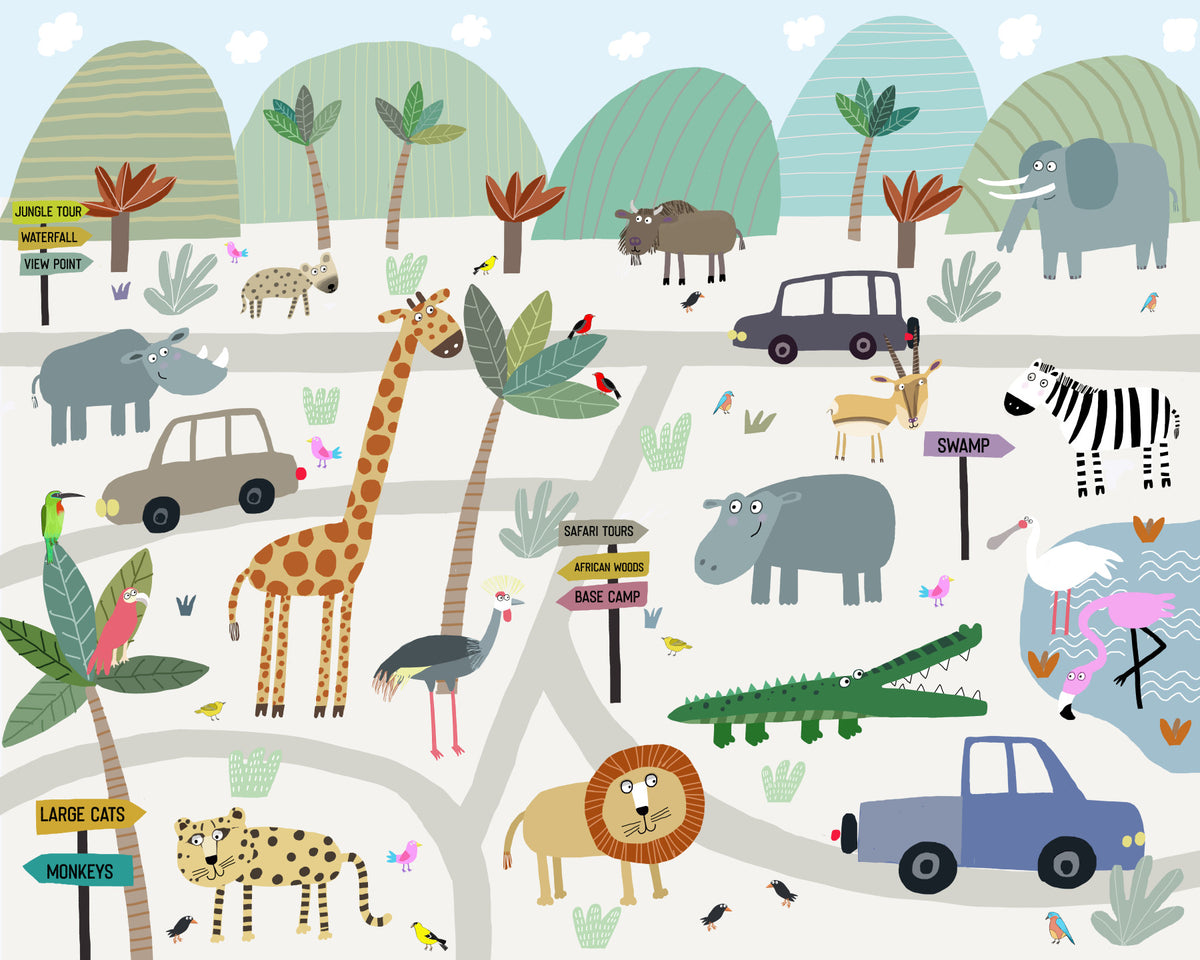 Safari Animal Adventure Map Wall Mural in your room — zoomed