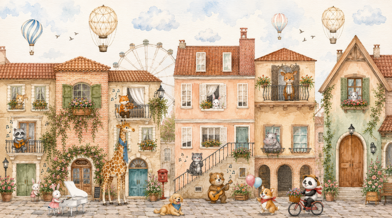 Charming Animal Town Scene Wall Mural