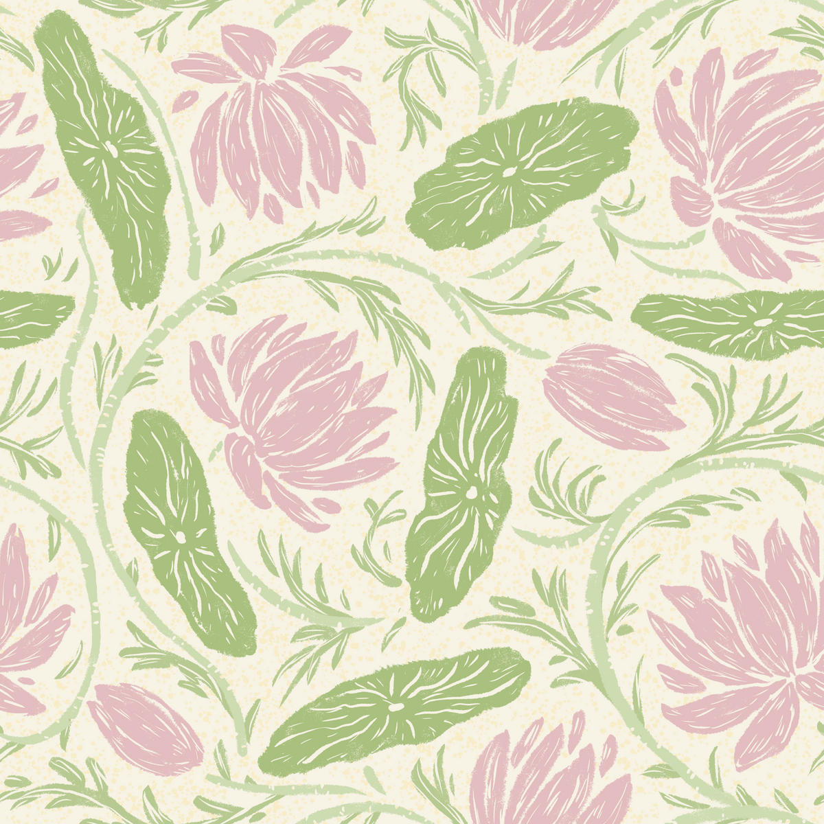 Lotus - Botanical Trailing Water Lily Floral Block Print-  Pink and Green Wallpaper⁠ in your room