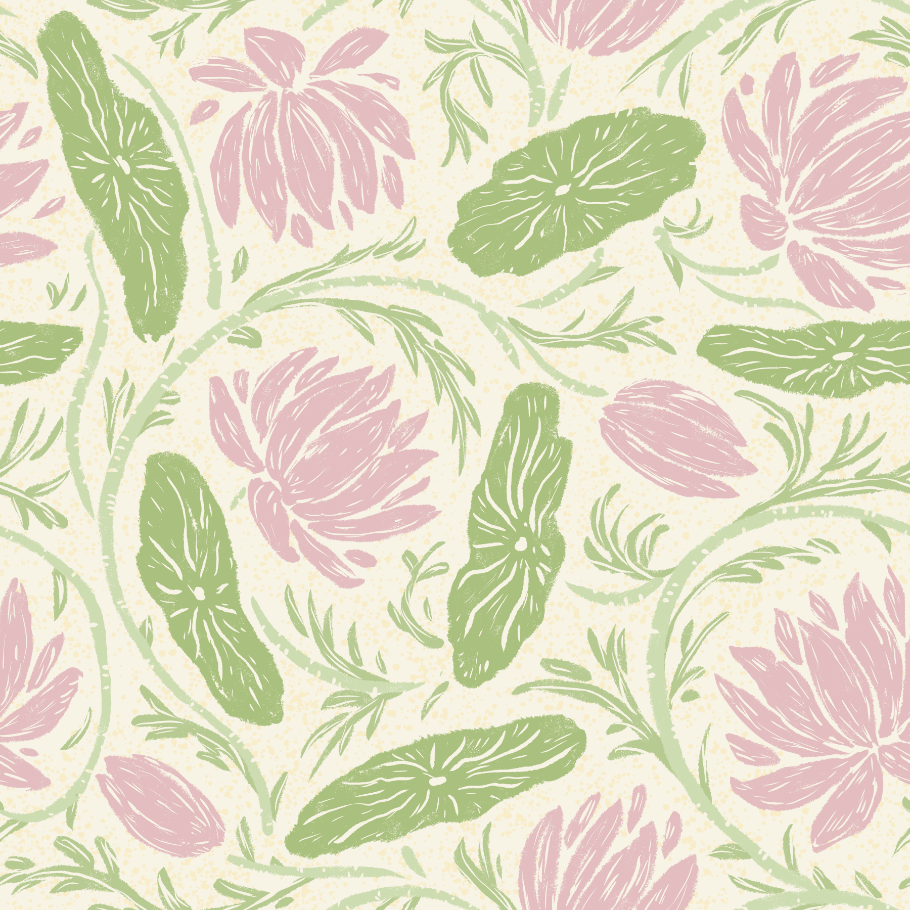 Lotus - Botanical Trailing Water Lily Floral Block Print-  Pink and Green Wallpaper⁠ in your room — zoomed