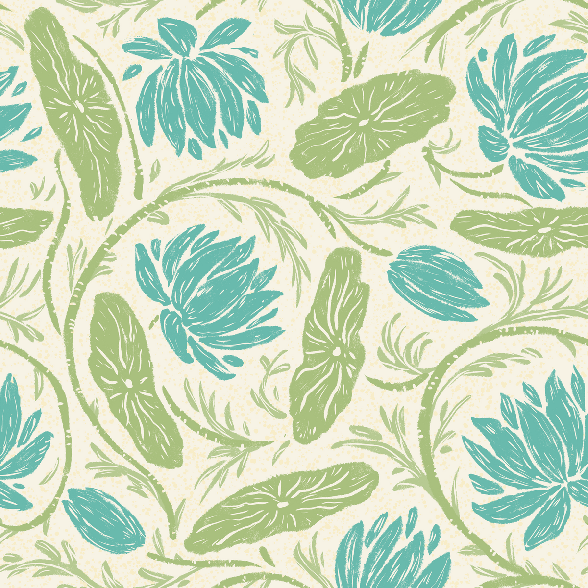 Lotus - Botanical Trailing Water Lily Floral Block Print-  Blue and Green Wallpaper⁠