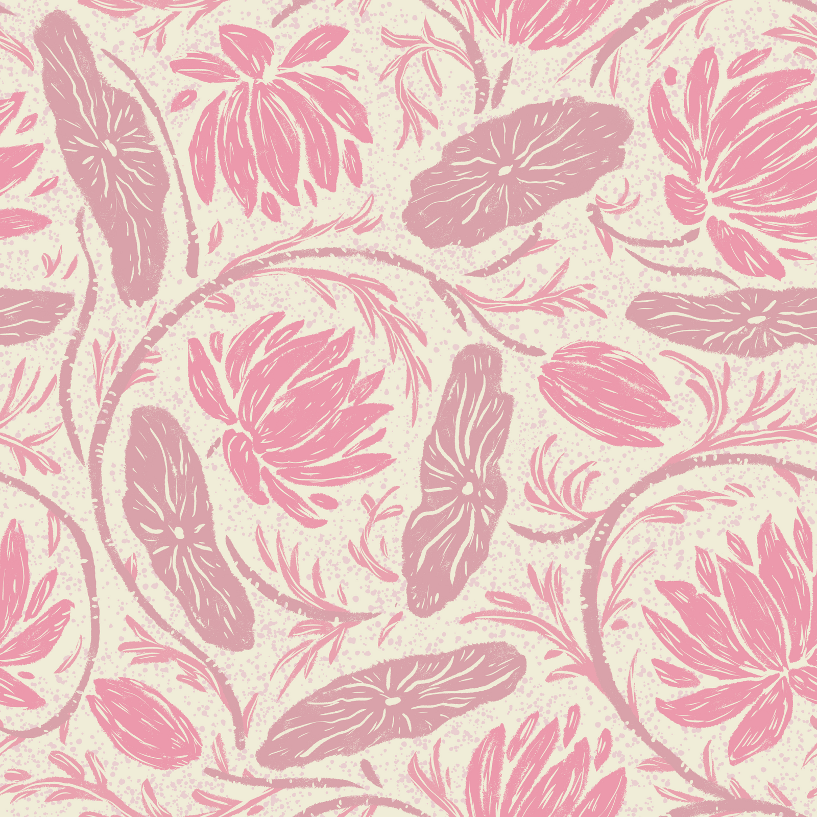 Lotus - Botanical Trailing Water Lily Floral Block Print-  Monochromatic Pink Wallpaper⁠ in your room