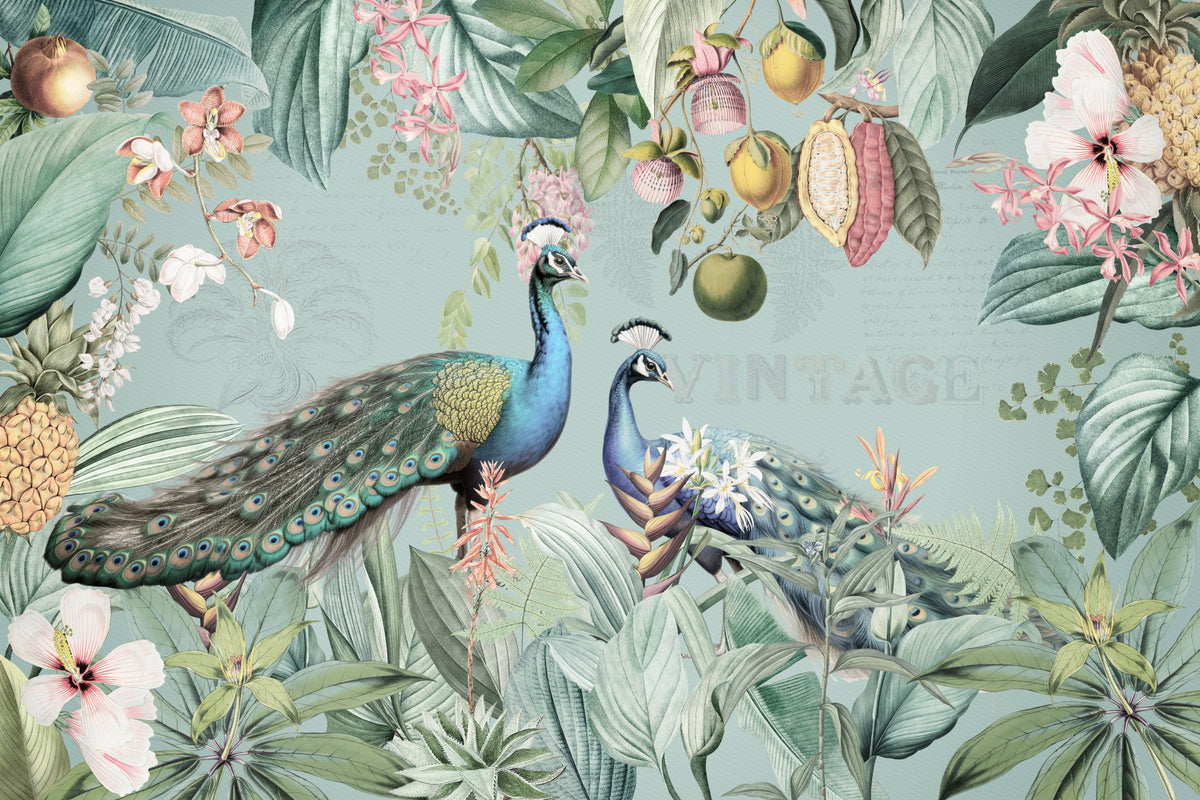 Serene Tropical Peacock Sanctuary Wall Mural in your room — zoomed