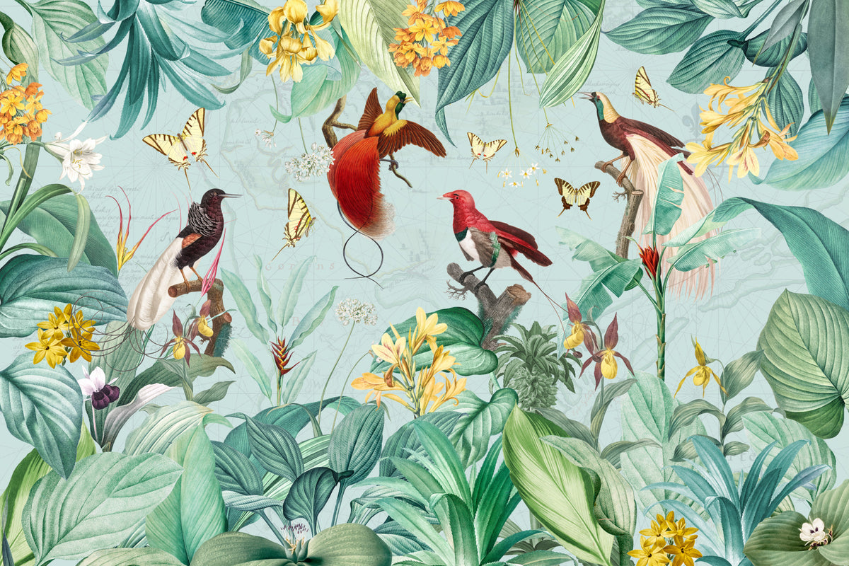 Exotic Bird and Tropical Flora Illustration Wall Mural in your room