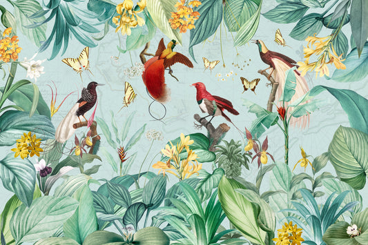 Exotic Bird and Tropical Flora Illustration Wall Mural