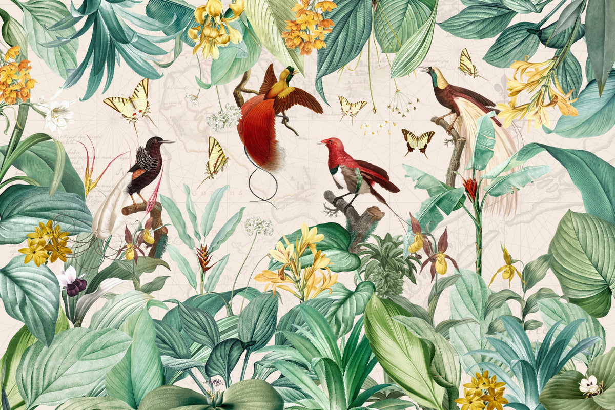 Vintage Botanical Bird Haven Wall Mural in your room — zoomed