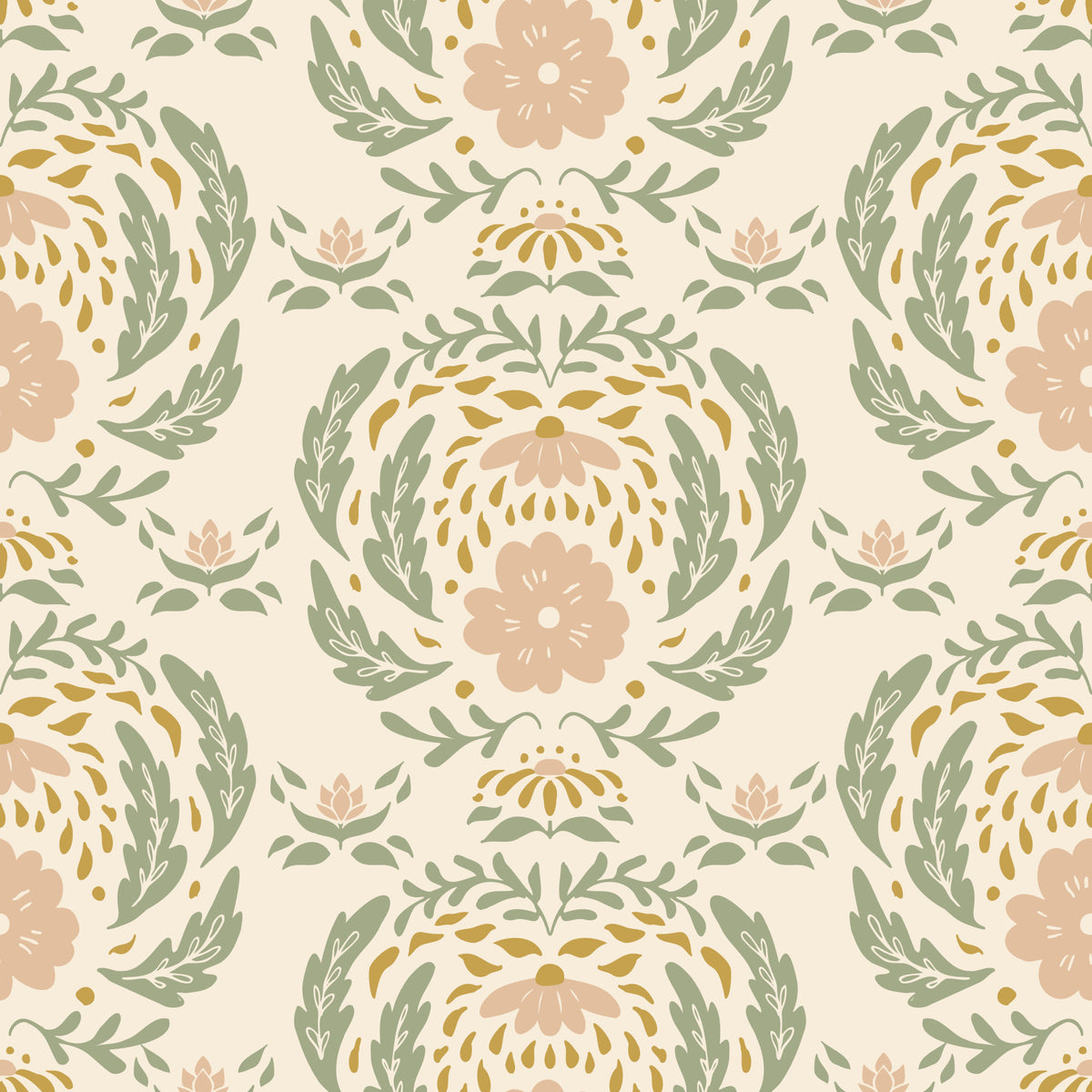 Sage and Blush Damask Botanical Wallpaper⁠ in your room — zoomed