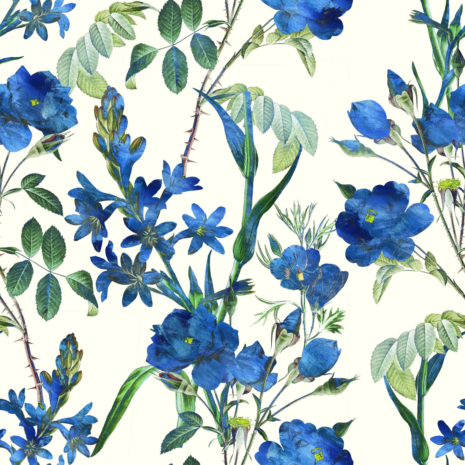 Vintage Indigo Wildflower Garden Pattern Wallpaper⁠