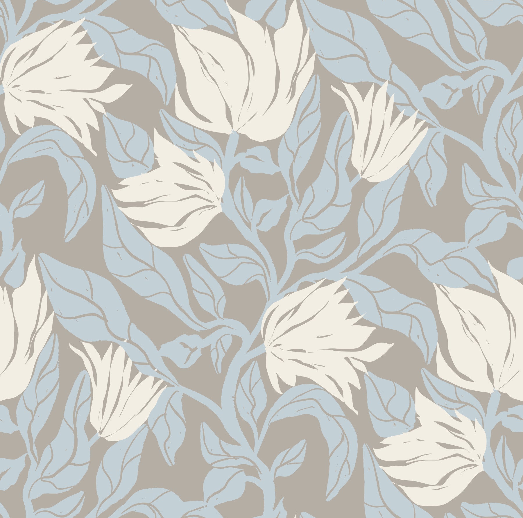 Serene Cream and Blue Floral Sketch Wallpaper⁠
