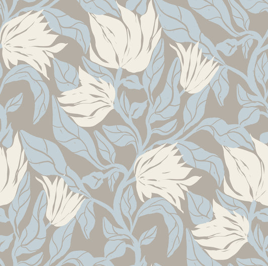 Serene Cream and Blue Floral Sketch Wallpaper⁠