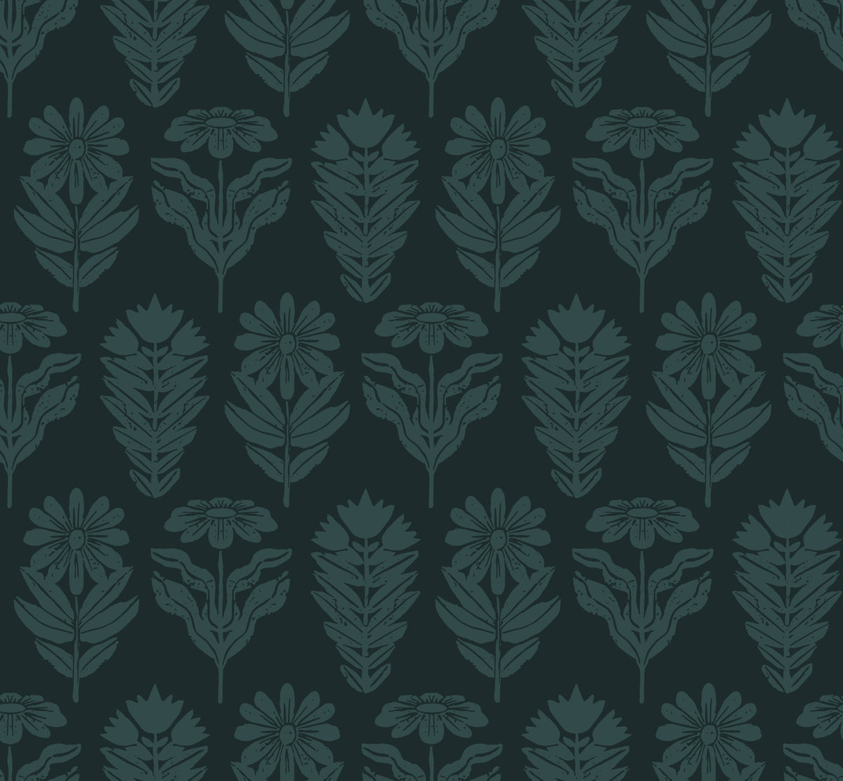 Midnight Botanical Block Print Wallpaper⁠ in your room — zoomed