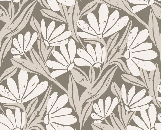 Rustic Cream and Taupe Flower Block Print Wallpaper⁠