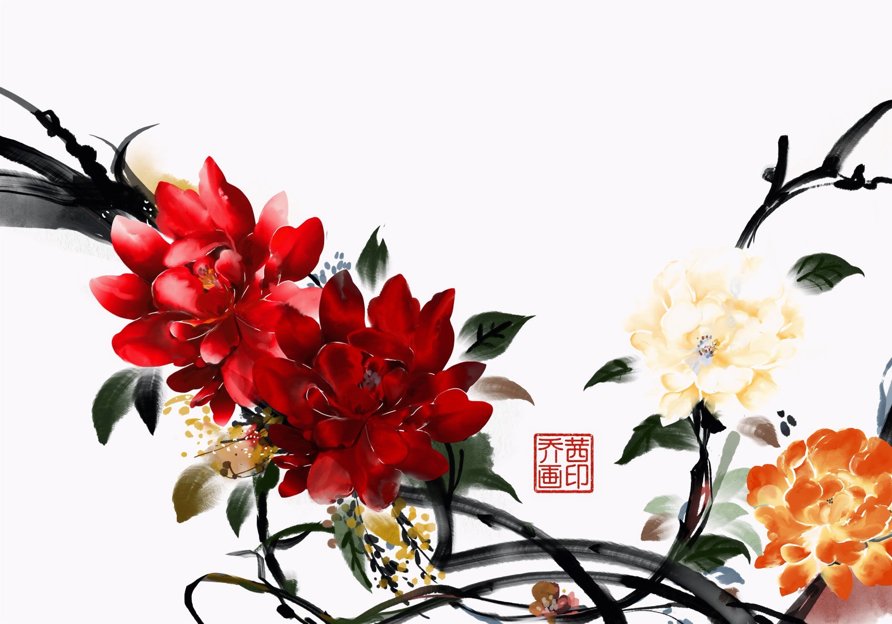 Zen Garden Peony Brushwork Mural Wall Mural