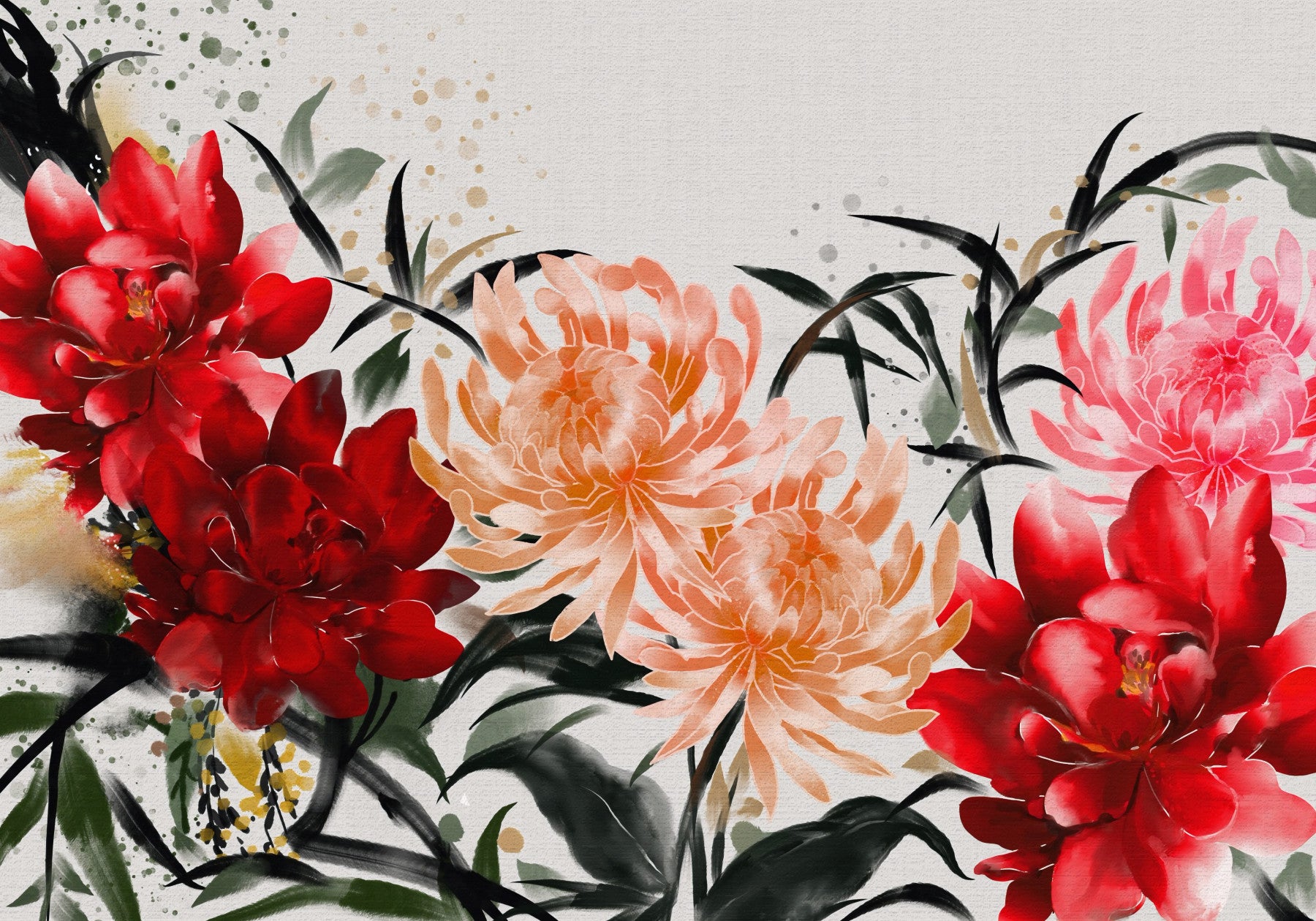 Crimson and Peach Floral Ink Wash Wall Mural