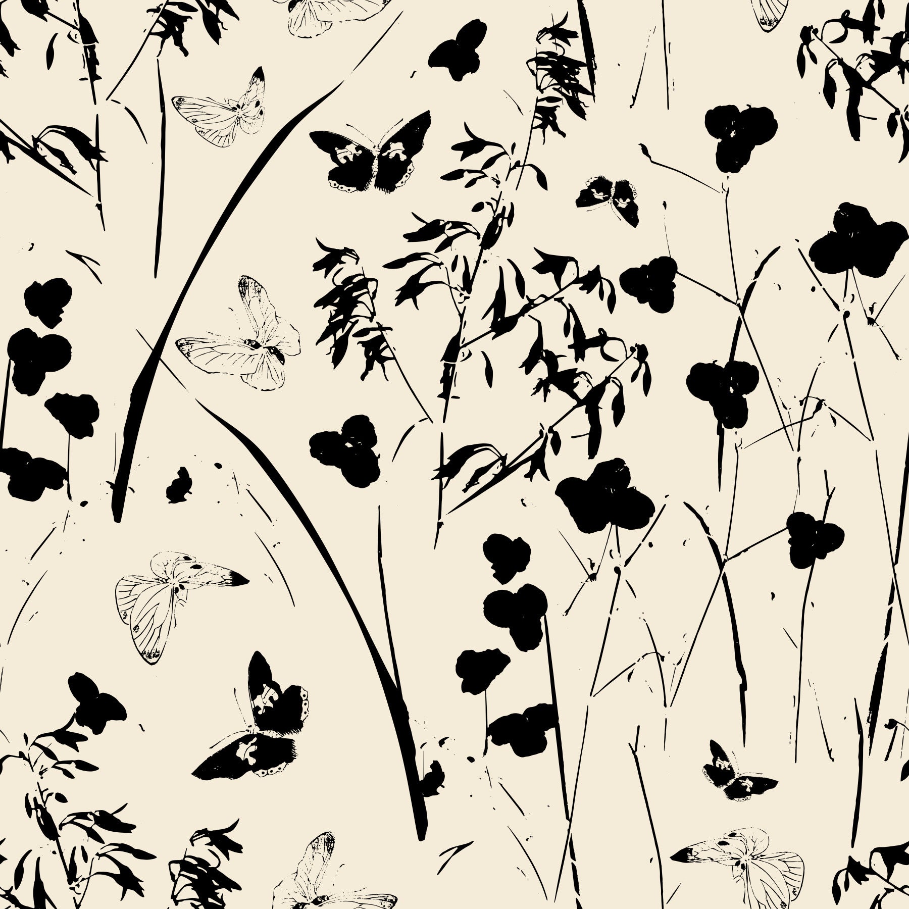 Silhouette Meadow and Butterfly Print Wallpaper⁠