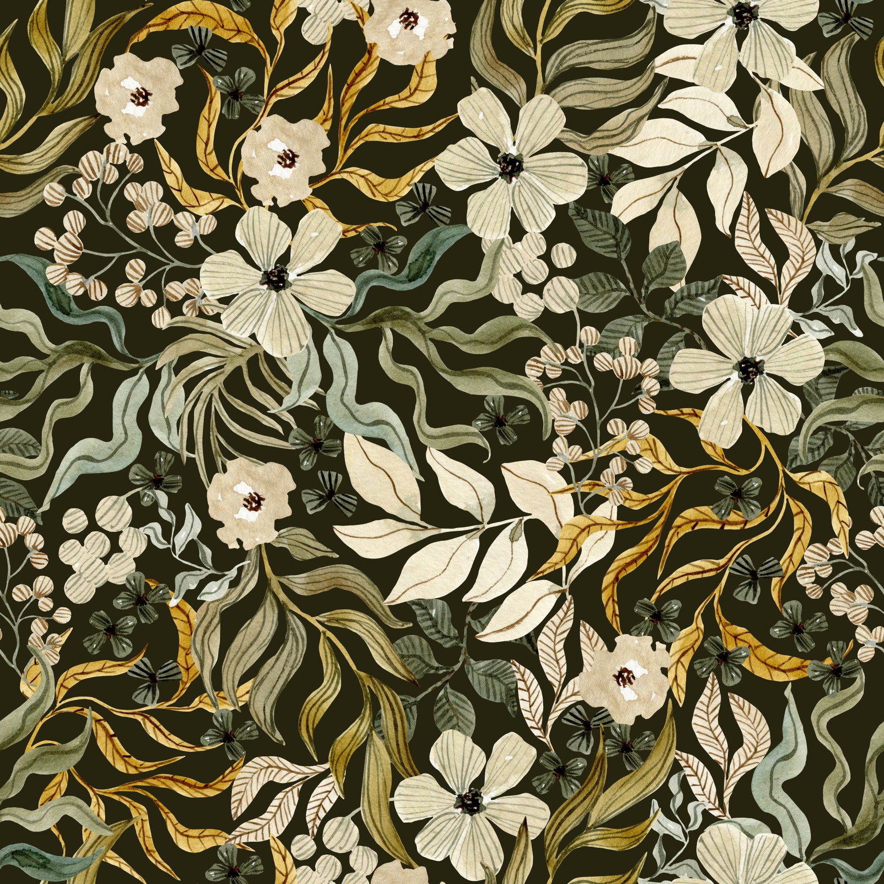 Rustic Cream and Sage Leaf Illustration Wallpaper⁠