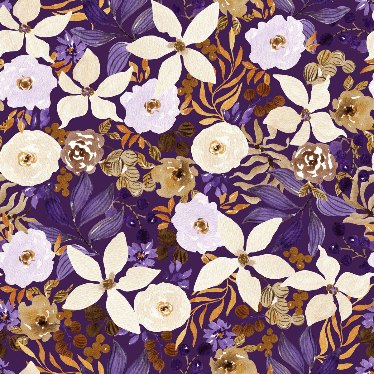 Rustic Cream and Purple Floral Repeat Wallpaper⁠ in your room — zoomed