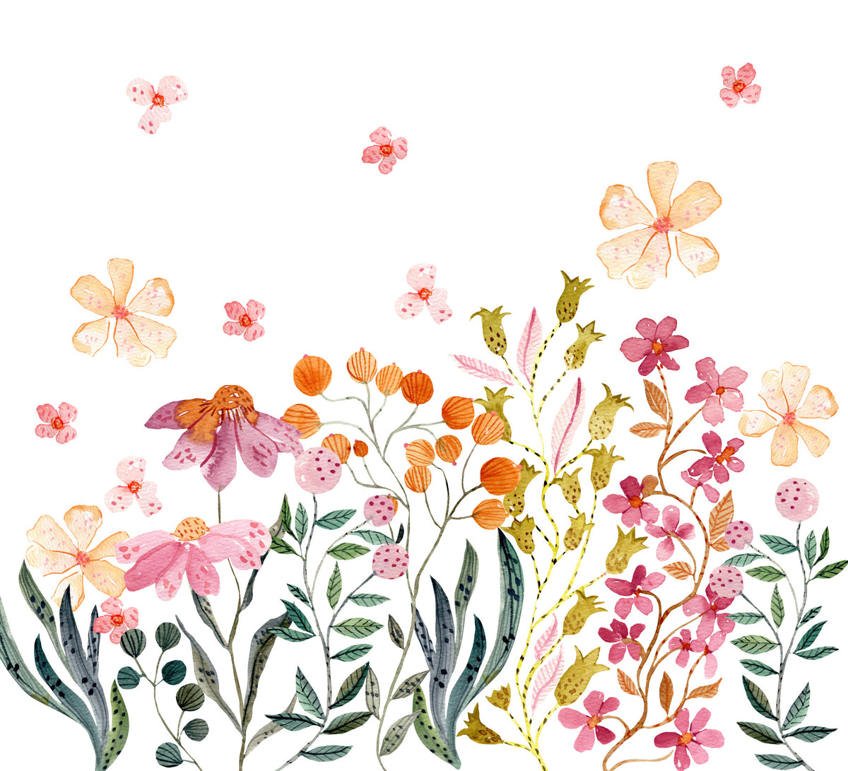 Watercolor Wildflower Meadow Field Wall Mural in your room — zoomed
