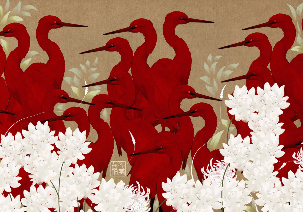 Crimson Herons and White Blossoms Wall Mural