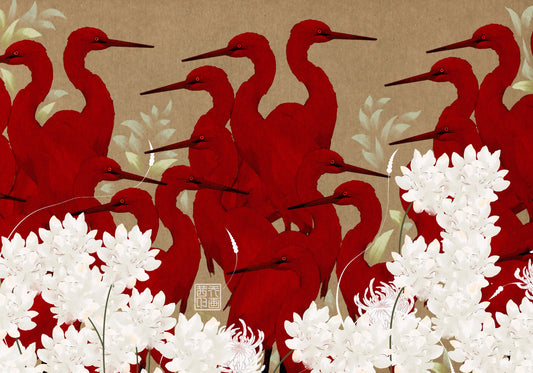 Crimson Herons and White Blossoms Wall Mural