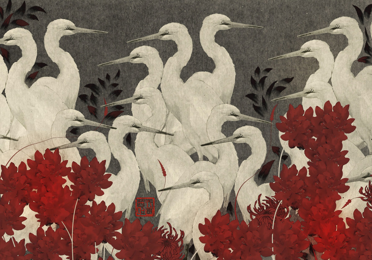 Crimson Crane Assemblage Floral Wall Mural in your room