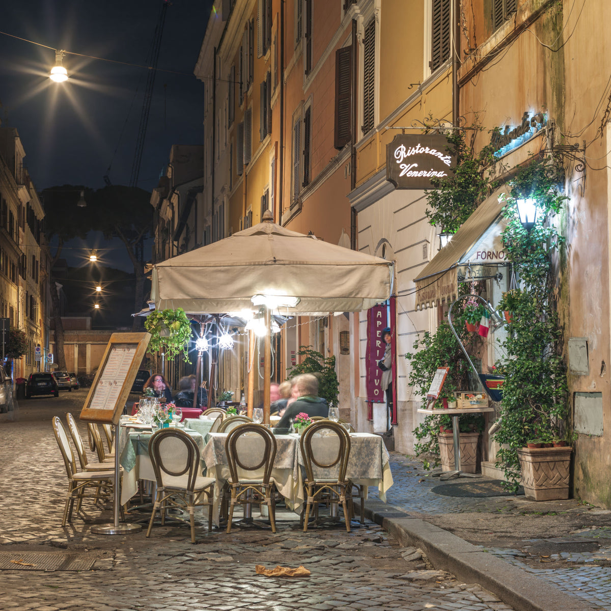 Cobblestone European Evening Bistro Wall Mural in your room — zoomed