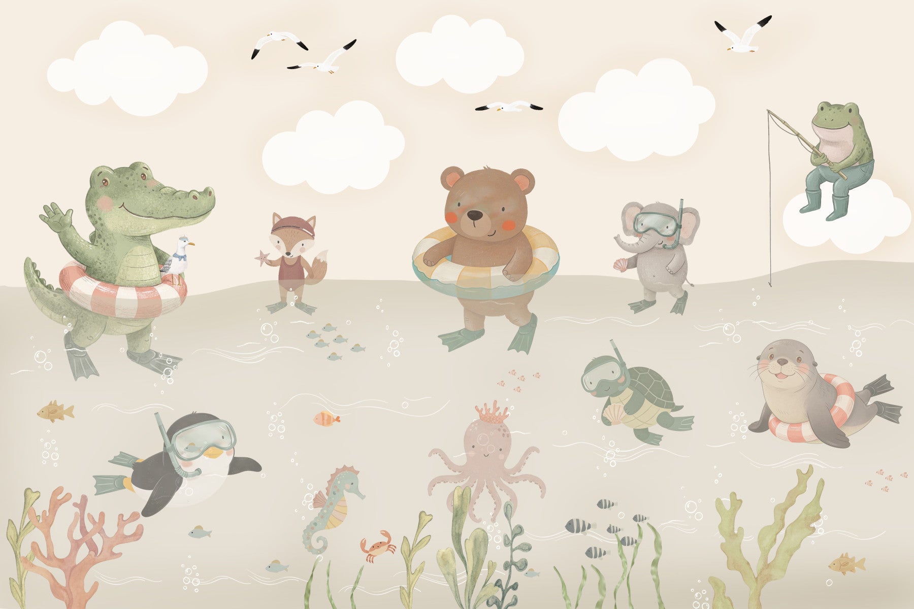 Playful Ocean Friends Illustration Wall Mural