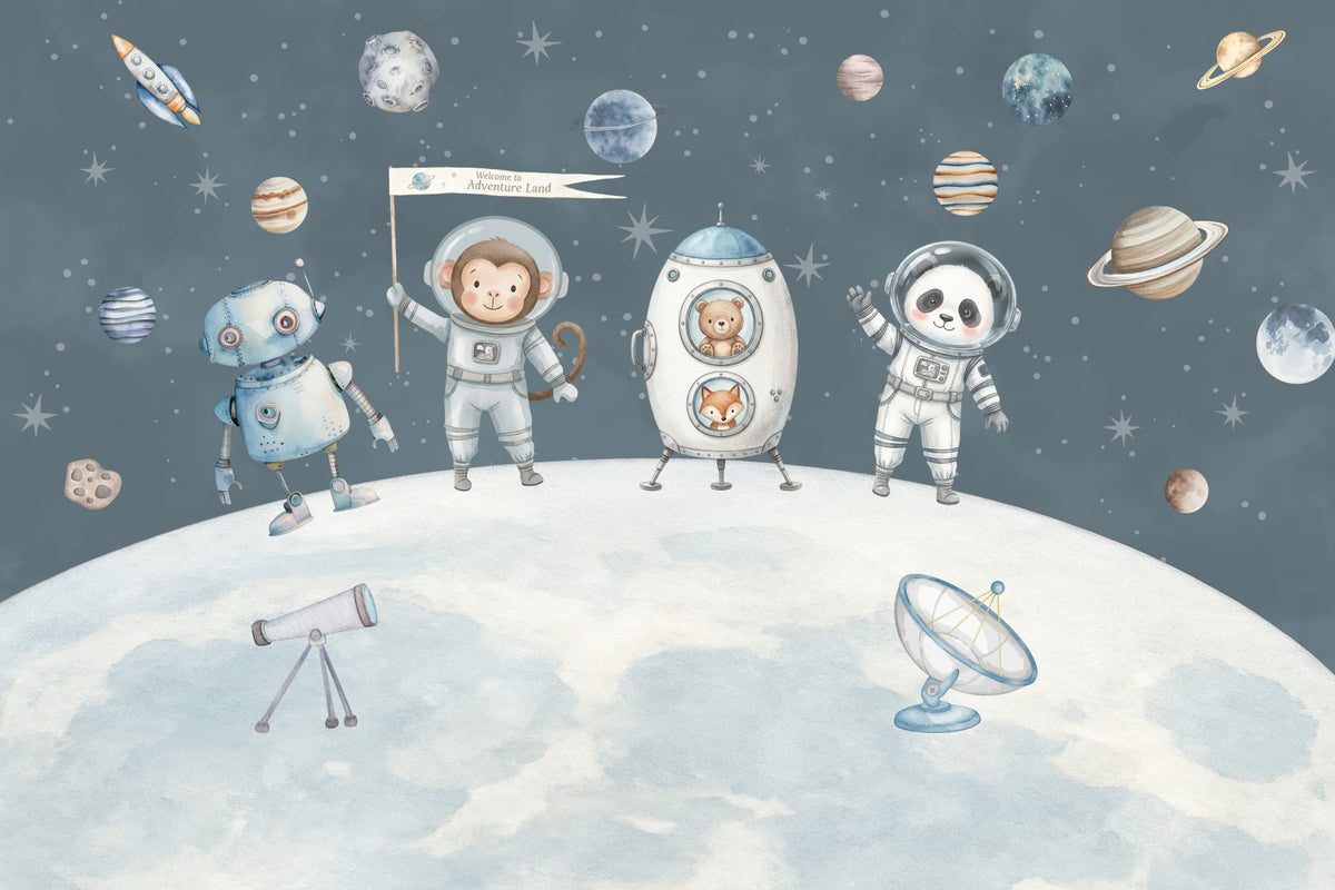 Cosmic Friends Space Exploration Wall Mural in your room — zoomed