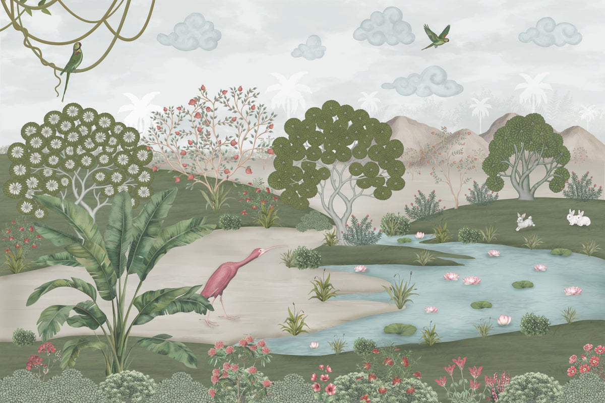 Serene Jungle Stream Illustration Wall Mural in your room