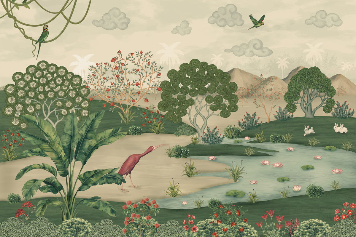 Botanical Heron Meadow Wall Mural