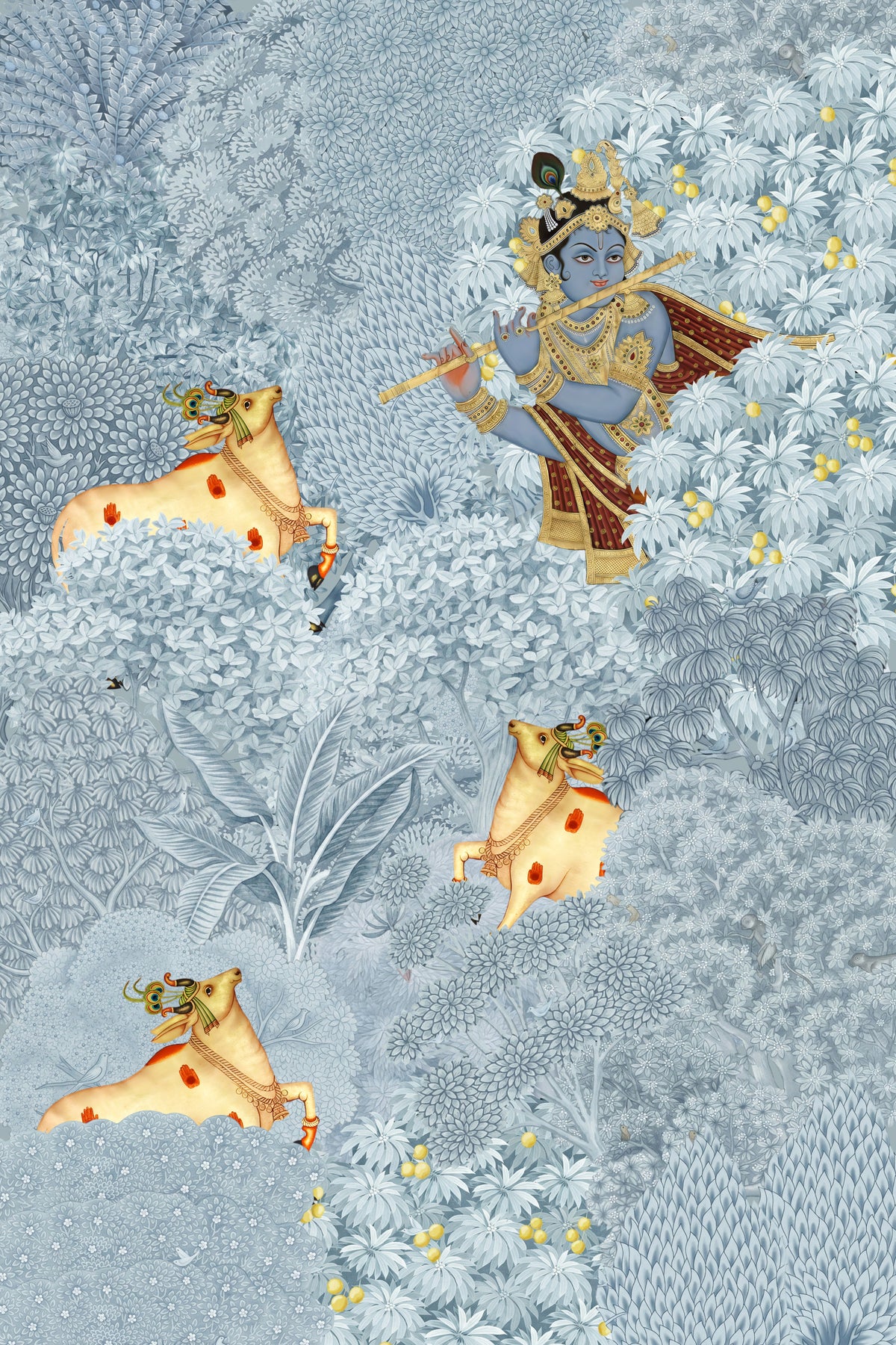 Krishna and Cows Forest Scene Wall Mural in your room — zoomed