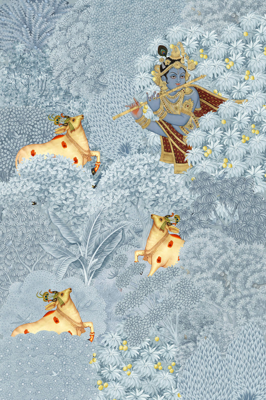 Krishna and Cows Forest Scene Wall Mural