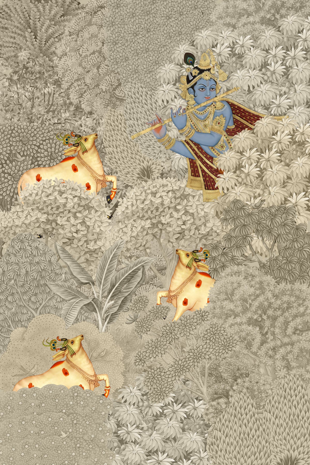 Krishna and Cows Forest Scene Wall Mural in your room