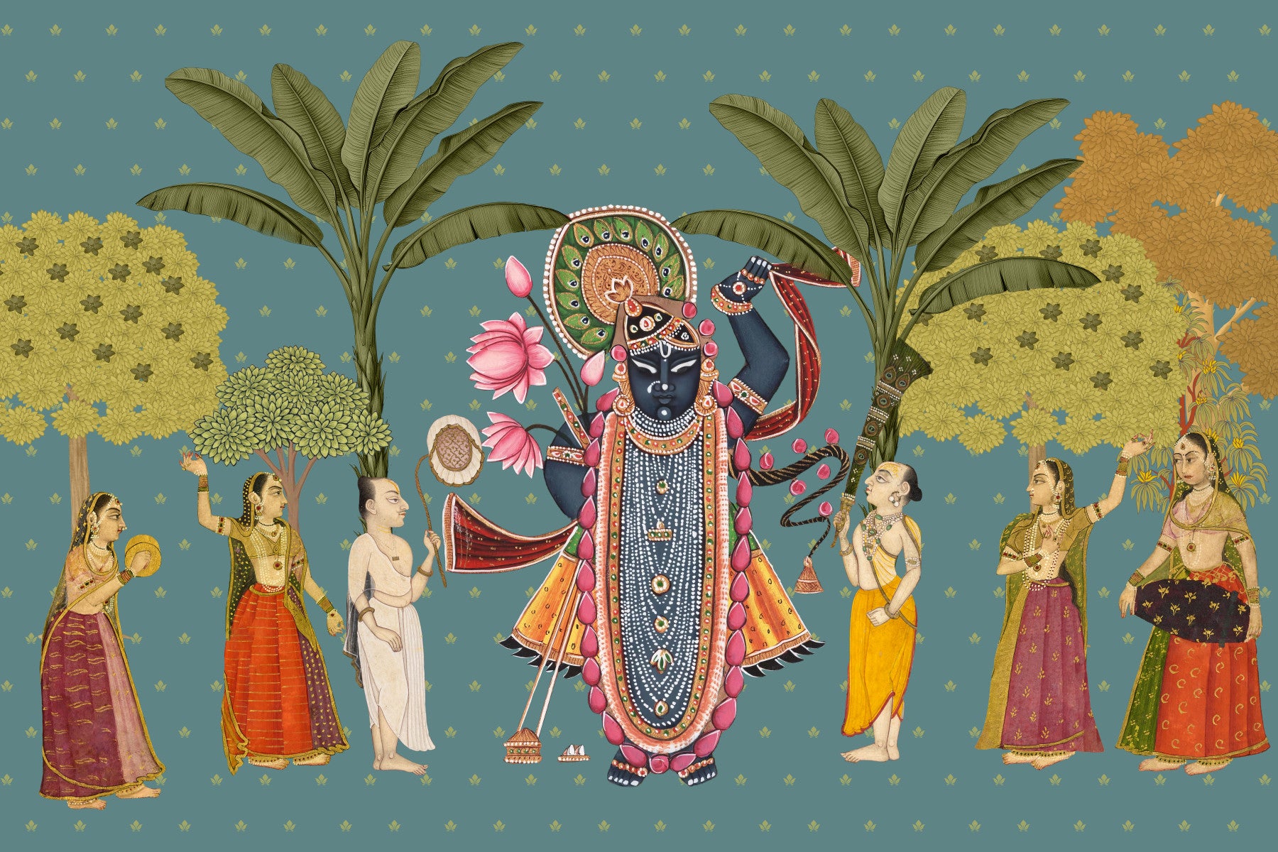 Krishna Divine Garden Illustration Wall Mural