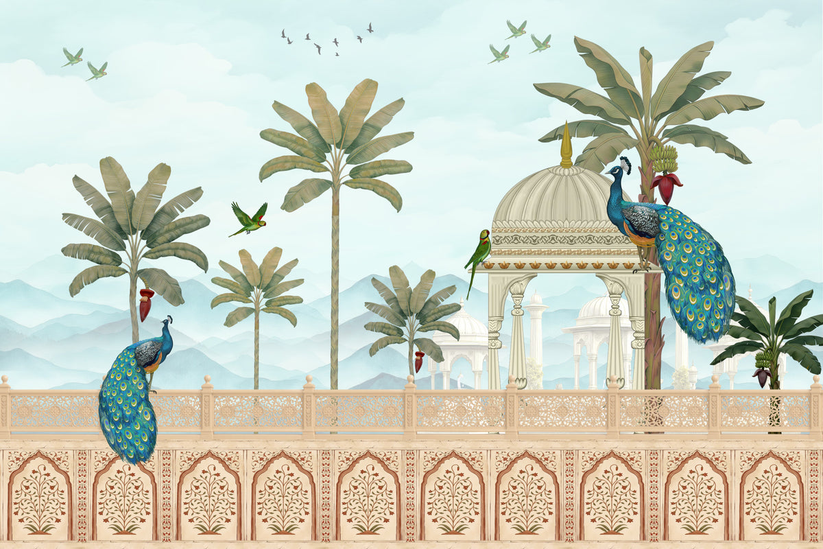 Exotic Mughal Pavilion and Peacocks Wall Mural in your room — zoomed