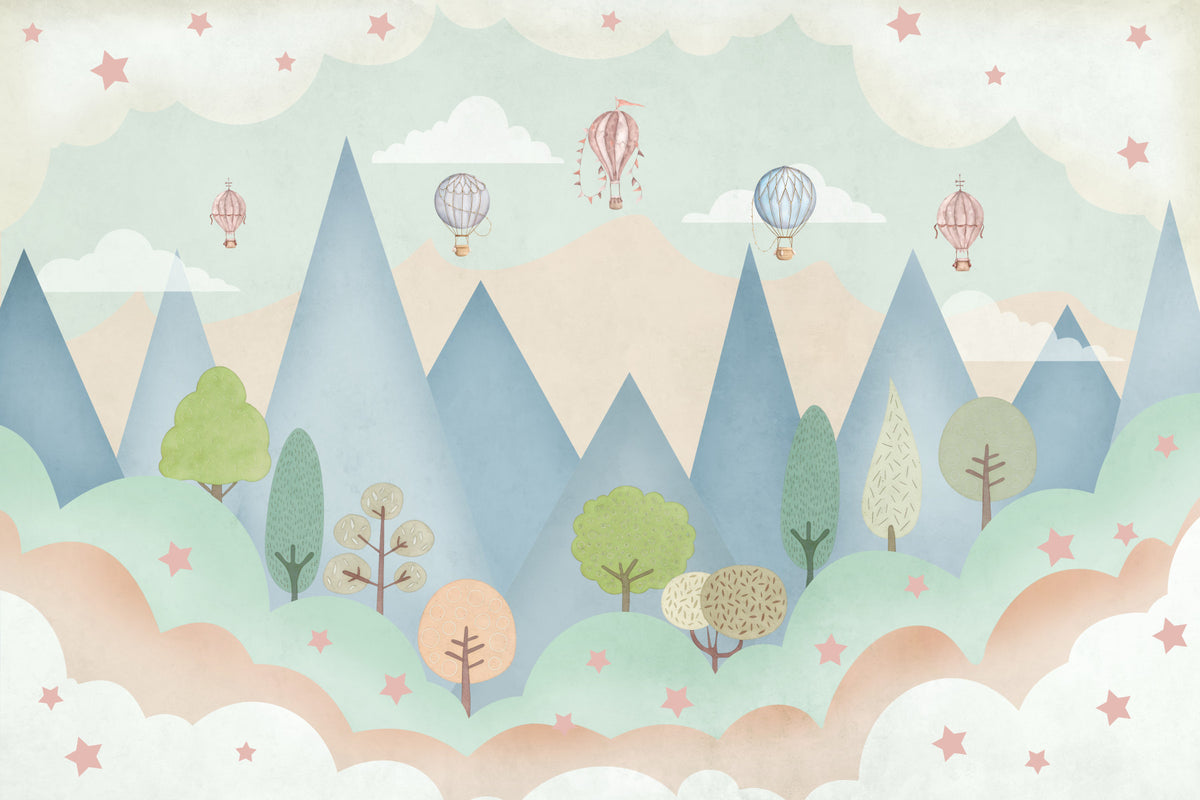 Dreamy Hot Air Balloon Mountain Adventure Wall Mural in your room