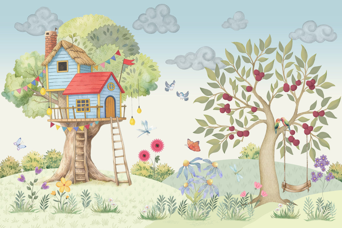 Whimsical Treehouse Garden Adventure Wall Mural in your room