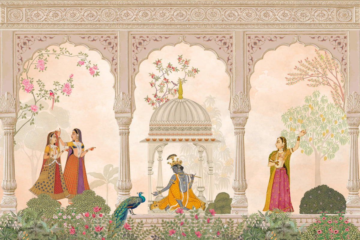 Krishna and Gopis Traditional Indian Court Scene Wall Mural in your room — zoomed