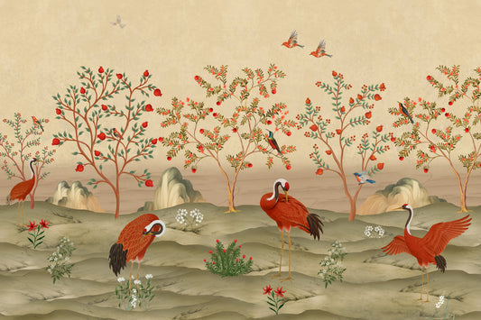 Crimson Cranes in Pomegranate Grove Wall Mural